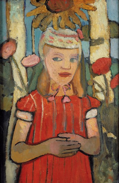 Piros ruhás lány napraforgó előtt, 1907. alkotó: Paula Modersohn Becker