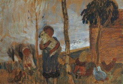 Gyermekek és csirkék a táj előtt. 1902 körül alkotó: Paula Modersohn Becker