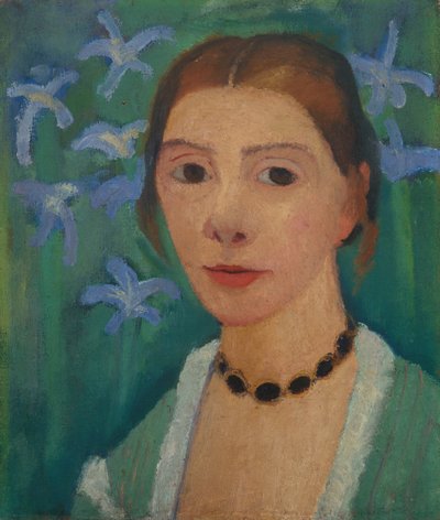 Önarckép zöld háttér előtt, kék írisszel alkotó: Paula Modersohn Becker