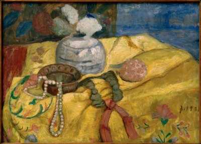 Csendélet sárga takaróval és gyömbéres cserép virágokkal alkotó: Paula Modersohn Becker