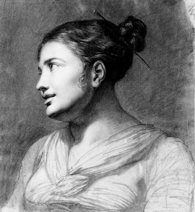 Lányportré, mellig érő, háromnegyedig balra fordítva (fekete-fehér kréta világosbarna papíron) alkotó: Pauline Auzou