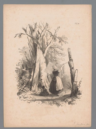Táj egy nő lógott a mosás Paulus Lauters tájtanulmányai (sorozat címe) Nouvelle suite de 40 etudes de paysages P. Lauters (sorozat címe) alkotó: Paulus Lauters (attributed to)
