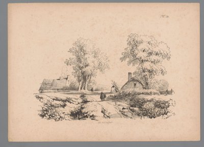 Táj két házzal és két figurával az úton Paulus Lauters tájtanulmányai (sorozat címe) Nouvelle suite de 40 etudes de paysages P. Lauters (sorozat címe) alkotó: Paulus Lauters