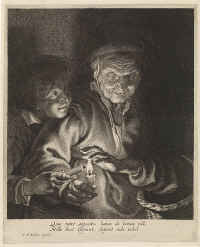 Öreg nő és fiú gyertyákkal alkotó: Paulus Pontius
