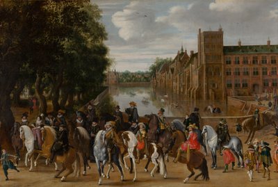 Orange hercegei és családjaik lóháton, Kilovaglás a Buitenhofból, Hága, c. 1621-22 alkotó: Pauwels I van Hillegaert