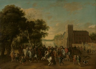 Maurits herceg, Frederik Hendrik herceg, V. Frigyes cseh és felesége, Stuart Erzsébet és mások társaságában a hágai Buitenhofban alkotó: Pauwels van Hillegaert