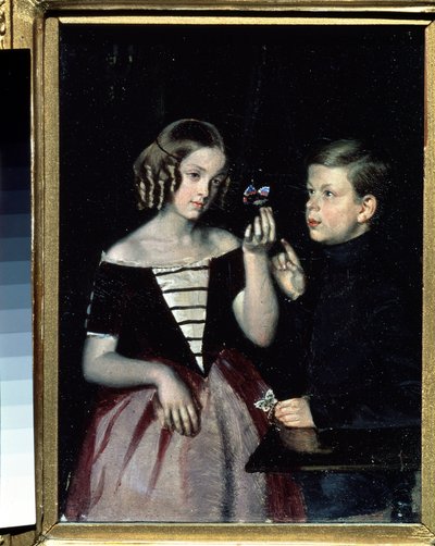 Pavel Fedotov (1815-1852) 1851 körüli Állami Orosz Múzeum, Szentpétervár festménye ""A két gerbin gyerek portréja szemlélve egy pillangót" alkotó: Pavel Andreevich Fedotov
