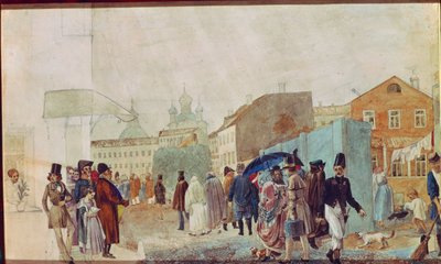 Utcai jelenet az esőben Moszkvában. Pavel Andrejevics Fedotov (1815-1852) munkája, akvarell papíron alkotó: Pavel Andreevich Fedotov