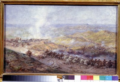 Jelenet az orosz török ​​háborúból (1876-1878) (A Scene of the Russo Turkish War). Csatatér a Balkánon, ahol az orosz hadsereg és az Oszmán Birodalom katonái csapnak össze, Pleven (vagy Plevna, Bulgáriában) ostroma alatt, 1877-ben. alkotó: Pavel Osipovich Kovalevsky