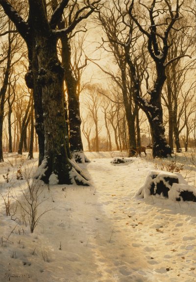Egy erdős téli táj szarvassal alkotó: Peder Monsted
