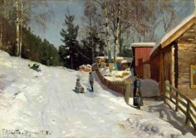 Gyerekek játszanak a havas falusi utcán alkotó: Peder Monsted