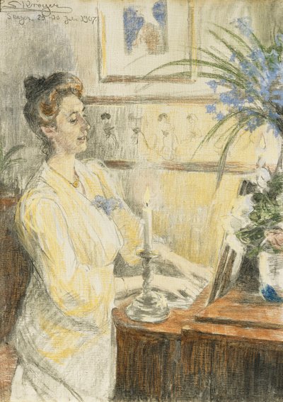 Johanne Helene Louise Brodersen portréja a zongoránál, 1907 alkotó: Peder Severin Krøyer