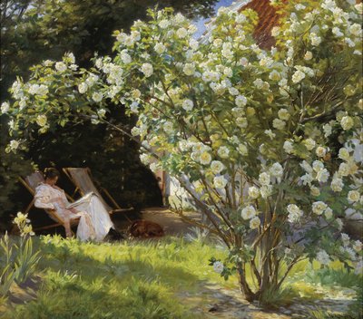 Rózsák. Marie Krøyer a nyugágyban ült a kertben, Mrs. Bendsen háza mellett alkotó: Peder Severin Krøyer
