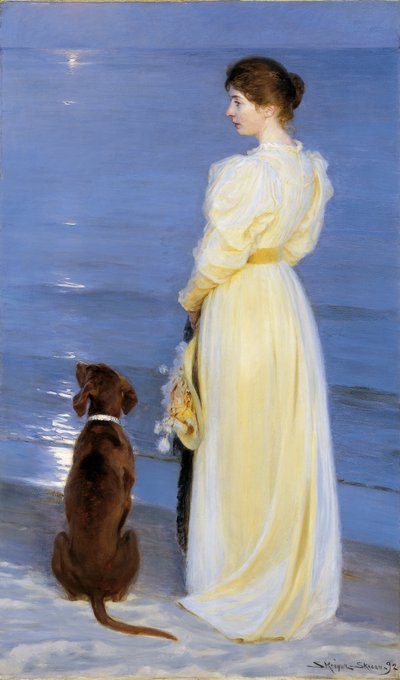 Nyári este Skagenben. A művész felesége kutyával a tengerparton alkotó: Peder Severin Krøyer