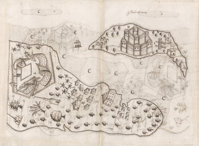 A Bahrein-szigetek portugál terve, Pedro Barreto de Resende Livro do Estado da India Oriental, Sloane MS 197, f.165v-166r (toll és tinta, papír). alkotó: Pedro Barretto de Resende