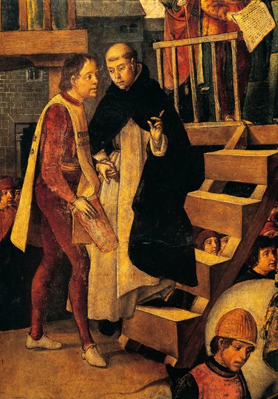 Az elítélt férfi az inkvizíciós bírósághoz fordul, a San Domenico Guzman vezette Autodafe részlete, Pedro Berruguete (körülbelül 1450-1504 körül) alkotó: Pedro Berruguete