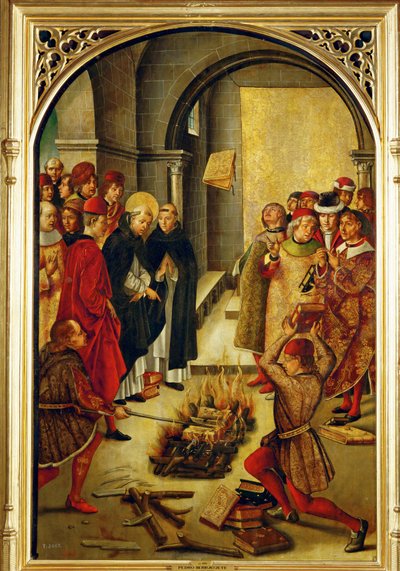 Szent Domonkos elnököl az albigensek eretnek könyveinek elégetésénél (festmény fára) alkotó: Pedro Berruguete