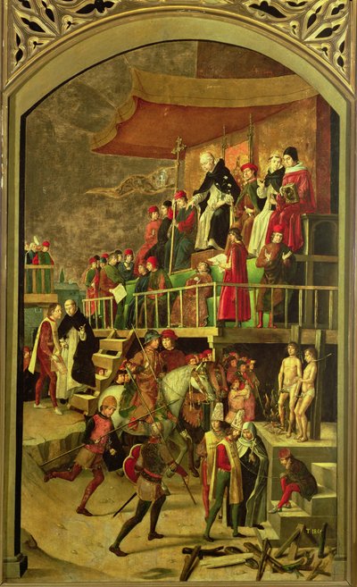 Szent Domonkos, aki az eretnekek égetésében elnököl alkotó: Pedro Berruguete