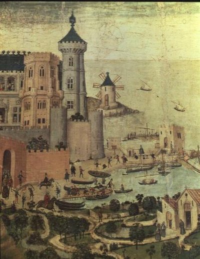 Mallorca kikötője az Almudaine-tornyokkal, I. Jakab város meghódítása idején (részlet) alkotó: Pedro Nisart