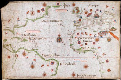 Az Atlanti-óceán, a Földközi-tenger és a Fekete-tenger térképe, 1535 körül (pergamen, papír) alkotó: Pedro Reinel