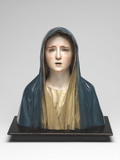 Szomorú Szűz Mater Dolorosa (polikróm fa, üveg és állatszőr) alkotó: Pedro de Mena