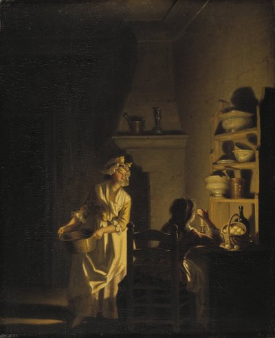 Le test des oeufs, interieur de cuisine - Testing Eggs. Egy konyha belseje, Hillestrom, Pehr (1732-1816). Olaj, fa. Mérete: 39x32 cm. Nemzeti Múzeum Stockholm alkotó: Pehr Hilleström