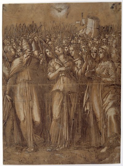 Szent Orsolya a mártírhalált halt szüzekkel (toll és barna tinta fehér testszínnel, barnára mosott papíron) alkotó: Pellegrino (c.1460-1523) Aretusi