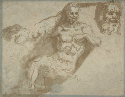 Ülő szatír, megnagyobbított fejjel azonos recto, női fej, 1527-96. alkotó: Pellegrino Tibaldi