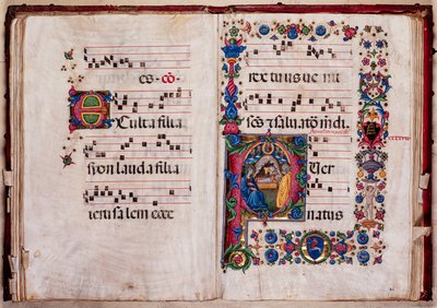 Piccolomini Könyvtár: kóruskönyv, cod. 102,8, ff. 47v-48r „Nativity”-vel, Pellegrino di Mariano. alkotó: Pellegrino di Mariano