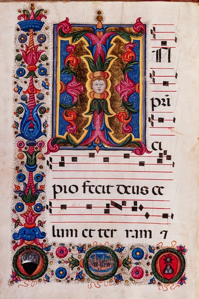 Piccolomini Könyvtár: Kóruskönyv, cod. 5.E, ff. 4v „Foliated Initial”-el, Pellegrino di Mariano. alkotó: Pellegrino di Mariano