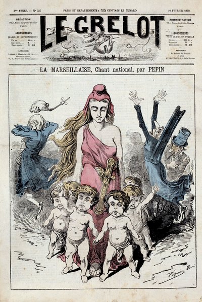 A „La Marseillaise”” nemzeti himnusz allegóriáját jelképező „” A harang” egyike halad előre, miközben a nemesek menekülés közben bedugják a fülüket. Illusztráció: Pepin. 1878.10.02. Magángyűjtemény alkotó: Pepin