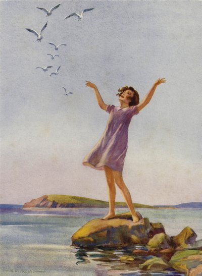 Lány élvezi a napsütést a tengerparton (színes litó) alkotó: Percy Bell Hickling
