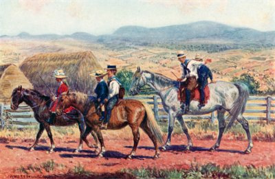 Ausztrál gyerekek lovagolnak az iskolába (színes litho) alkotó: Percy F.S. (after) Spence