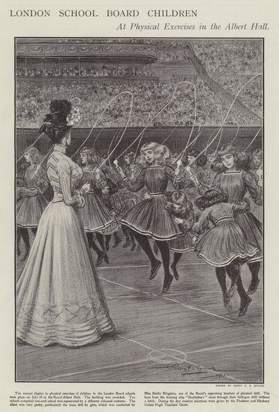 A londoni iskolaszék gyerekek fizikai gyakorlatokon az Albert Hallban (litho) alkotó: Percy F.S. (after) Spence