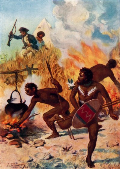 Az ausztrál bennszülöttek Cook kapitány idejében (színes litho) alkotó: Percy F.S. (after) Spence