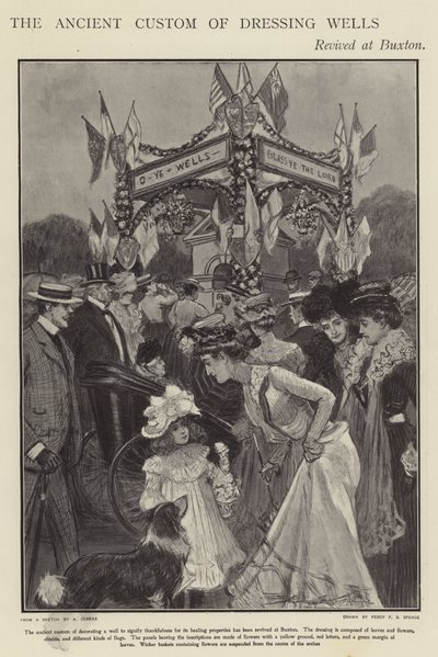 A derbyshire-i Buxtonban (litho) újjáéledt a kútfestés ősi szokása alkotó: Percy F.S. (after) Spence