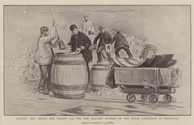 Cinkhulladék csomagolása gáz előállításához a woolwichi királyi mérnökök ballon részlege számára alkotó: Percy F.S. Spence
