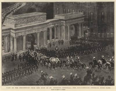 A Szent György Kórház tetejéről a felvonulás látványa, a Hyde Parkba érkező ágyúhintóról alkotó: Percy F.S. Spence