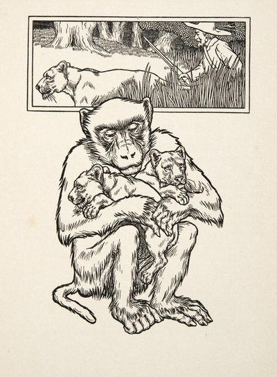 Segítségkérés, az Állatok száz anekdotájából, pub. 1924 (metszet) alkotó: Percy J. Billingshurst
