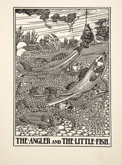 A horgász és a hal, Aesopus száz meséjéből, pub.1903 (metszet) alkotó: Percy J. Billingshurst