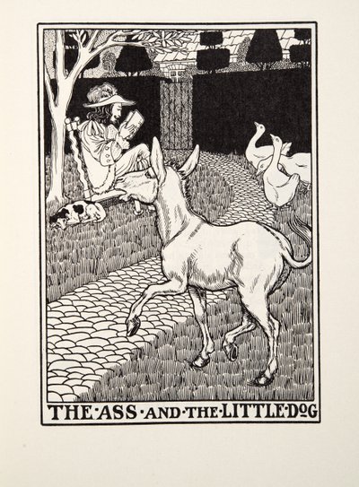 A szamár és a kiskutya, a Fontaine Fables-ből, pub. 1905 alkotó: Percy J. Billingshurst