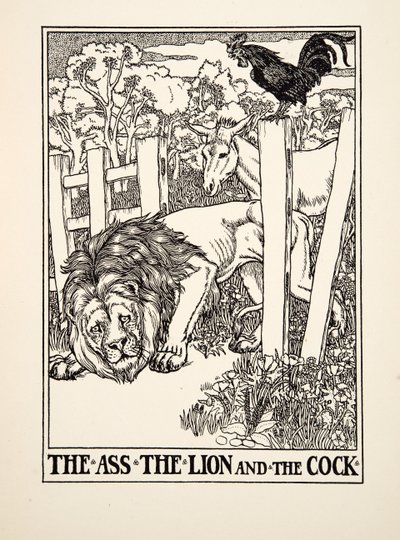 A szamár, az oroszlán és a kakas, A Hundred Fables of Aesopus, pub.1903 alkotó: Percy J. Billingshurst