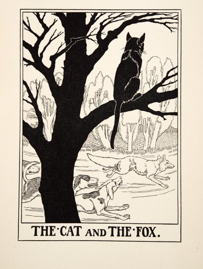 A macska és a róka, A Hundred Fables of Aesopus, pub.1903 (metszet) alkotó: Percy J. Billingshurst