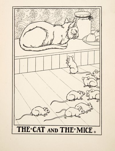 A macska és az egerek, A Hundred Fables of Aesopus, pub.1903 (metszet) alkotó: Percy J. Billingshurst