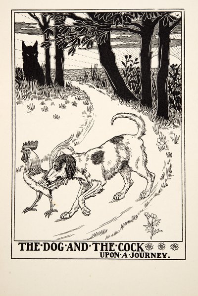 A kutya és a kakas utazás közben, A Hundred Fables of Aesopus, pub.1903 alkotó: Percy J. Billingshurst