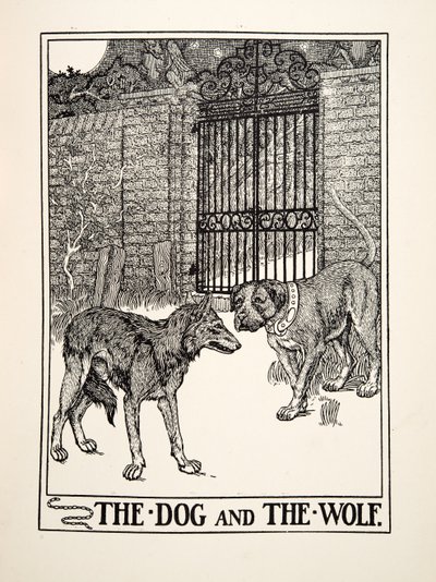 A kutya és a farkas, A Hundred Fables of Aesopus, pub.1903 (metszet) alkotó: Percy J. Billingshurst