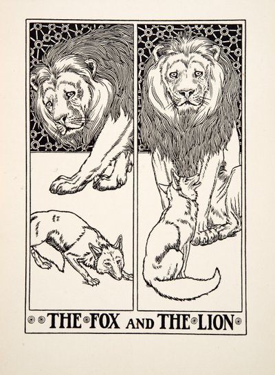 A róka és az oroszlán, A Hundred Fables of Aesopus, pub.1903 (metszet) alkotó: Percy J. Billingshurst