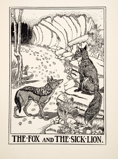 A róka és a beteg oroszlán, A Hundred Fables of Aesopus, Pub.1903 (metszet) alkotó: Percy J. Billingshurst