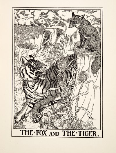 A róka és a tigris, A Hundred Fables of Aesopus, pub.1903 (metszet) alkotó: Percy J. Billingshurst