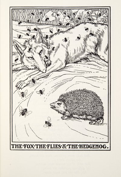 A róka, a legyek és a sündisznó, a Fontaine Fables-ből, pub. 1905 alkotó: Percy J. Billingshurst